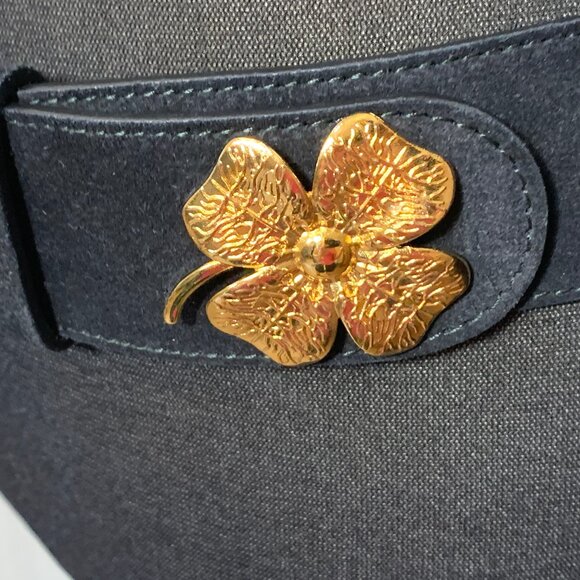 Gucci Double G Belt Black Suede Leather Gold 4 Leaf Clover Size 38\